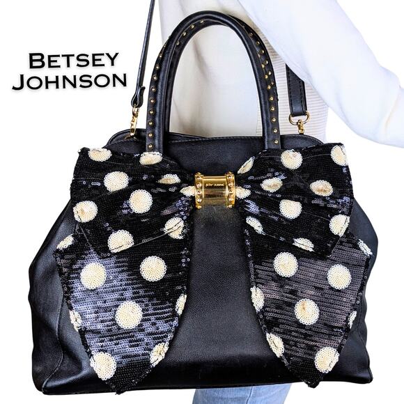 Betsey Johnson Sequin Polka Dot Bow Convertible Crossbody Satchel Bag Blk White - Picture 1 of 12